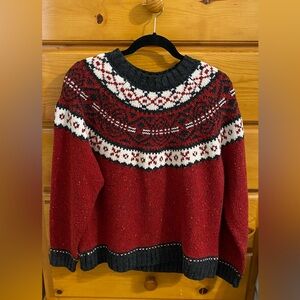 Vtg Nordic Fair Isle Sweater Women’s M Wool Blend Red Gray Ski Resort Holiday